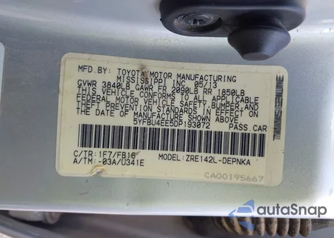 2013 Toyota Corolla Le из США, поврежденный, VIN 5YFBU4EE5DP193072